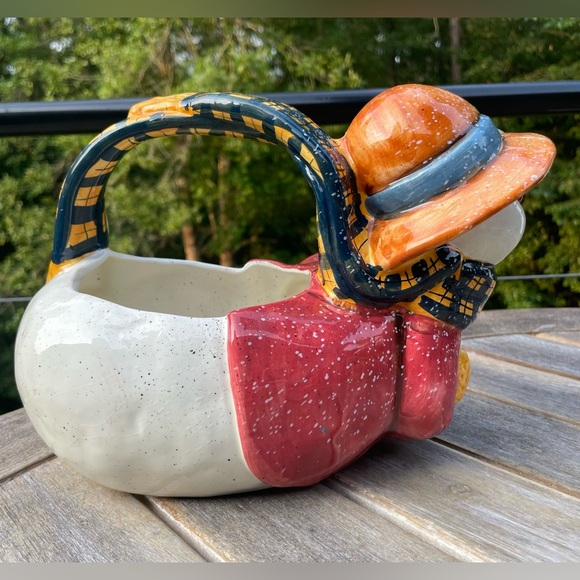 Vintage 90s Ceramic Girl Christmas - Autumn Snowman Planter With Handle - Picture 2 of 9